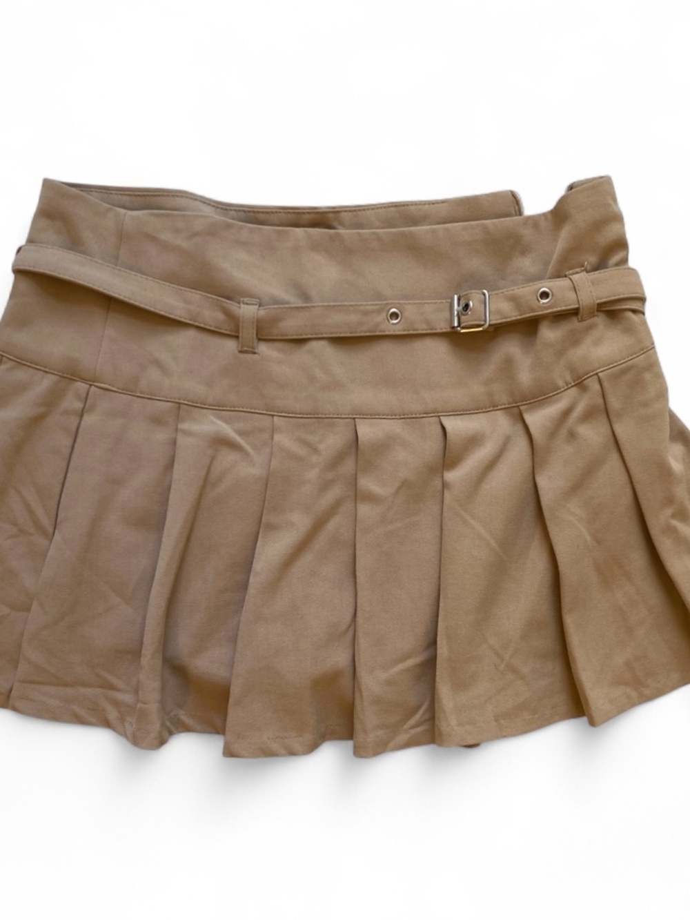 Pleated Mini Skort with Belt — Khaki